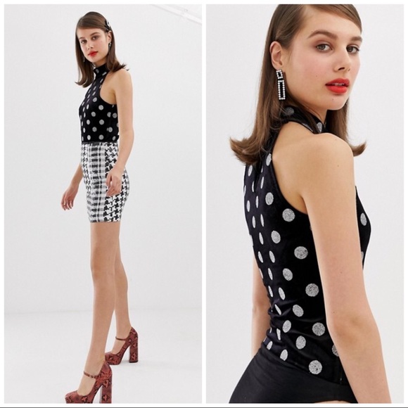 ASOS | GLITTER MOCK NECK 90s POLKADOT BODYSUIT - Picture 1 of 4